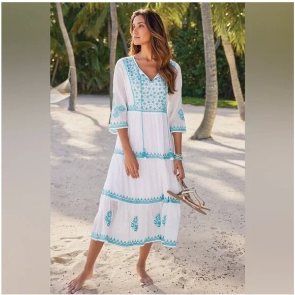 Soft Surroundings Juniper Womens Embroidered Maxi Dress SZ Small White Blue Boho - Picture 16 of 16